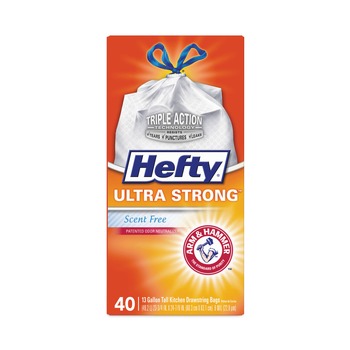 JANITORIAL | Hefty E88338 Ultra Strong 23.75 in. x 24.88 in. 13 gallon Drawstring Extra Heavy-Duty Tall Kitchen Trash Bags - White (40/Box)