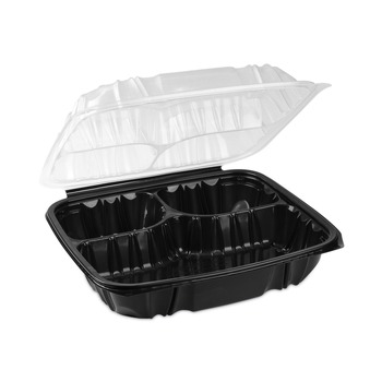 FOOD STORAGE CONTAINERS AND LIDS | Pactiv Corp. DC109330B000 34 oz. 3 Compartment Base/Lid 10.5 in. x 9.5 in. x 3 in. Vented Dual Color Microwavable Plastic Hinged Lid Container - Black/Clear