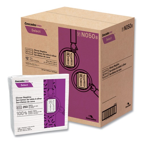 Dinner Napkins | Cascades PRO N050 15.5 x 16 1-Ply Select Dinner Napkins - White (12/Carton) image number 0