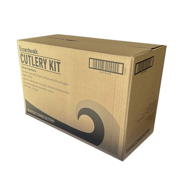 Boardwalk BWK6COMBOKITPP 5.86 in. 6-Piece Mediumweight Plastic Cutlery Fork/Knife/Napkin/Pepper/Salt/Spoon Kit - White (250/Carton)