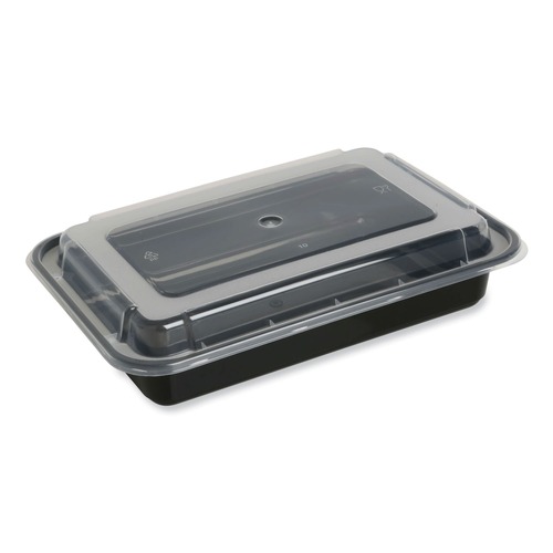 Food Containers & Lids | GEN FCPP-BC-32RECT 8.81 in. x 6.02 in. x 2.24 in. 32 oz. Plastic Microwavable Food Container with Lid - Rectangular Black/Clear (150/Carton) image number 0