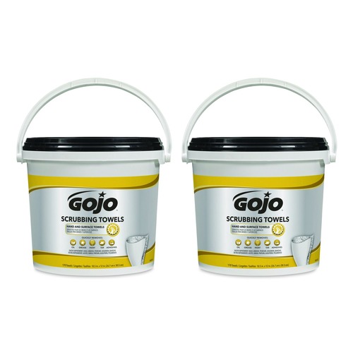 Perforated Roll & Hand Towels | GOJO Industries 6398-02 Hand Cleaning Scrubbing Towels - Orange Scent/White/Yellow (2/Carton) image number 0
