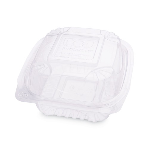 Food Containers & Lids | Eco-Products EP-LC6 6 in. x 6 in. x 3 in. Renewable and Compostable Plastic Clamshell Hinged Food Containers - Clear (240/Carton) image number 0