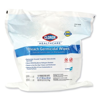  | Clorox Healthcare 30359 12 in. x 12 in. 1-Ply Bleach Germicidal Wipes - Unscented, White (110/Pouch)