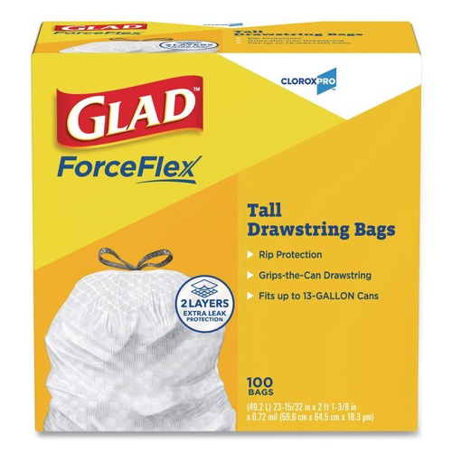 Drawstring & Kitchen Bags | Glad 78526 13 Gallon 0.72 mil 24 in. x 27.38 in. Tall Kitchen Drawstring Trash Bags - Gray (100/Box) image number 0