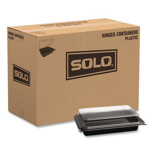Perforated Roll & Hand Towels | SOLO 844012-PM94 Creative Carryouts 8.75 in. x 6.2 in. x 2.2 in. Hinged Plastic Hot Deli Boxes - Black/Clear (200/Carton) image number 0