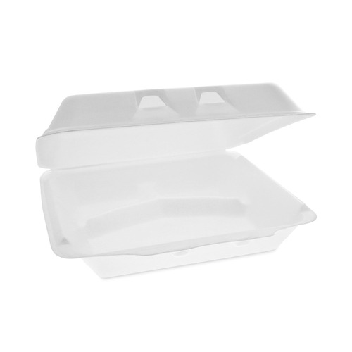 Food Containers & Lids | Pactiv Corp. YHLW10030000 SmartLock 9.5 in. x 10.5 in. x 3.25 in. 3-Compartment Hinged Foam Containers - X-Large, White (250/Carton) image number 0