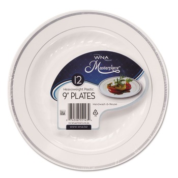 WNA RSMP91210WSLV 9 in. Diameter Masterpiece Plastic Dinnerware - White/Silver (10/Pack)