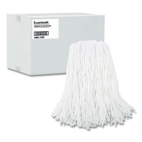 Mop Heads | Boardwalk BWK216RCT 16 oz. Rayon Premium Cut-End Wet Mop Heads - White (12/Carton) image number 0