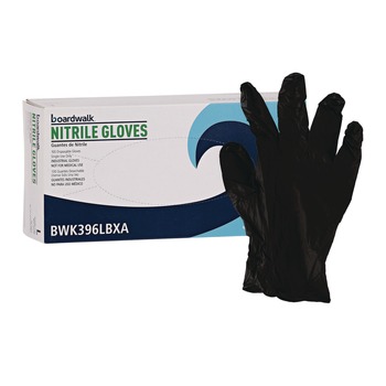 JANITORIAL DISPOSABLE AND SINGLE USE GLOVES | Boardwalk 396LBXA 4.4 mil Disposable General-Purpose Powder-Free Nitrile Gloves - Large, Black (100/Box)
