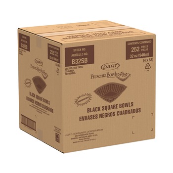 Dart B32SB PresentaBowls Pro 8.5 in. x 8.5 in. x 2 in. 32 oz. Plastic Square Bowls - Black (4/Carton)