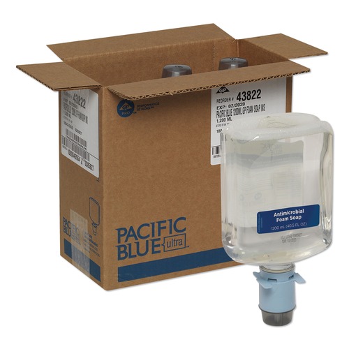 Soap Refills | Georgia Pacific Professional 43822 Pacific Blue Ultra 1,200 mL Antimicrobial E2 Rated Automated Foam Soap Refill - Fragrance-Free (3/Carton) image number 0