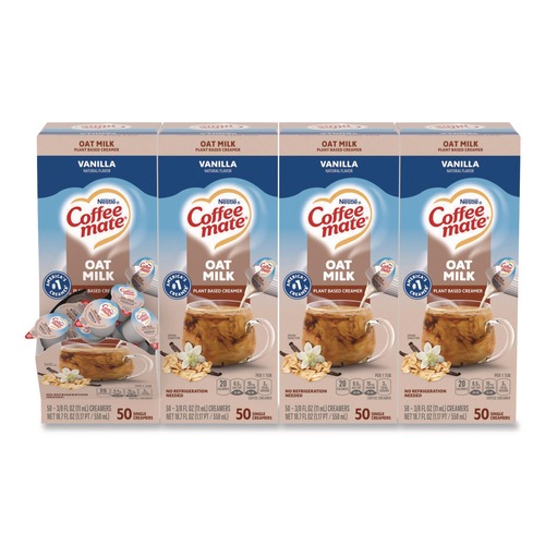 Creamers | Coffee-Mate 12536842 0.38 oz Mini Cups Plant-Based Oat Milk Liquid Creamers - Natural Vanilla (200/Carton) image number 0