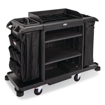 Rubbermaid Commercial 2202527 24.4 in. x 62.4 in. x 49 in. Full-Size 3-Shelf Resin Housekeeping Cart with Accessory Bundle - Black