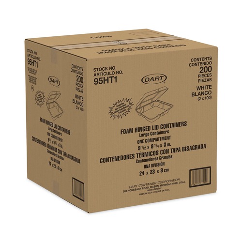 Food Containers & Lids | Dart 95HT1 9.3 in. x 9.5 in. x 3 in. Insulated Foam Hinged Lid Containers - White (2/Carton) image number 0