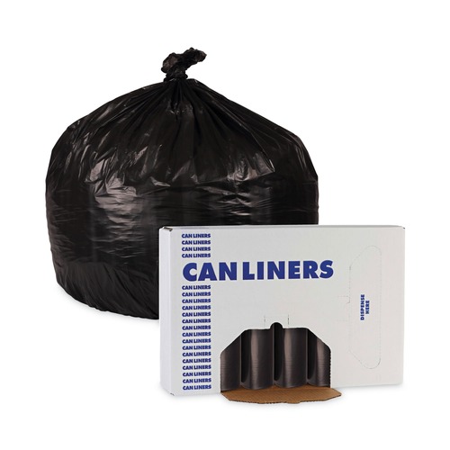 Low-Density Trash Bags | Boardwalk W4832YKKR01 24 in. x 32 in. 16 gal. 1 mil Perforated Roll Low-Density Waste Can Liners - Black (150/Carton) image number 0