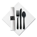 Cutlery Kits | Hoffmaster 119971 Pre-Rolled 8 in. x 8.5 in. Linen-Like CaterWrap Napkins with Black Cutlery (100/Carton) image number 1