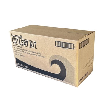 CUTLERY KITS | Boardwalk BWK3KITWHPS 3-Piece Mediumweight Fork/Knife/Teaspoon Cutlery Kit - White (250/Carton)