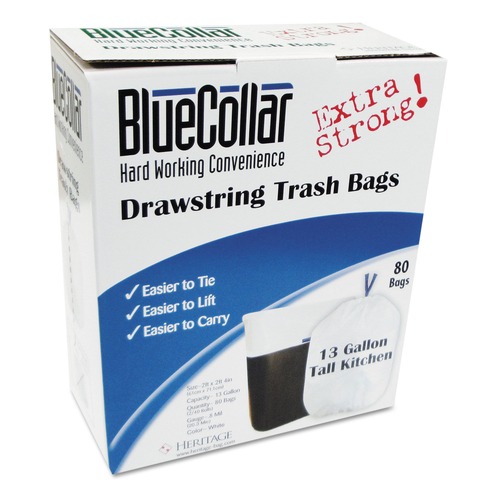 Drawstring & Kitchen Bags | BlueCollar N4828EW RC1 24 in. x 28 in. 13 Gallon 0.8 mil Drawstring Trash Bags - White (80/Box) image number 0