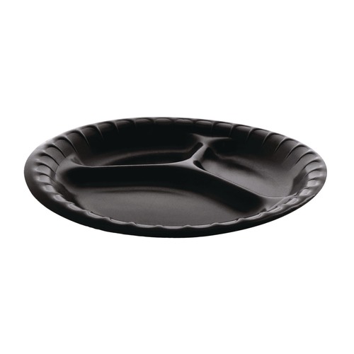 Plates | Pactiv Corp. YCI811130000 9 in. Diameter 3-Compartment Placesetter Deluxe Laminated Foam Dinnerware Plate - Black (200/Carton) image number 0