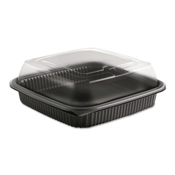 Anchor 4118515 8.46 in. x 8.46 in. x 2.91 in. 32 oz. Culinary Squares 2-Piece Microwavable Container - Clear/Black (150/Carton)