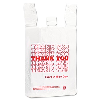 T SACKS AND THANK YOU BAGS | Inteplast Group THW2VAL 12 in. x 7 in. x 23 in. HDPE T-Shirt Bags - White/Red (500/Carton)