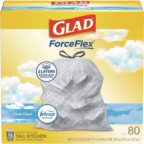Drawstring & Kitchen Bags | Glad 78899 ForceFlex 24 in. x 27.38 in. 13-Gallon Kitchen Drawstring Trash Bags - Gain Fresh Clean Scent White (80/Box) image number 0