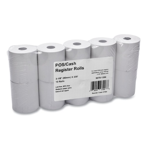 Perforated Roll & Hand Towels | PM Company 07906 3.13 in. x 230 ft. Direct Thermal Printing Thermal Paper Rolls - White (10/Pack) image number 0