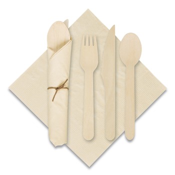 CUTLERY KITS | Hoffmaster 120030 Caterwrap 6 x 12 Pre-Rolled Napkins with Wood Cutlery - Kraft (100/Carton)