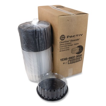 BAKERY BOXES AND CONTAINERS | Pactiv Corp. YEH899020000 10 in. x 10 in. x 3.38 in. Round ShowCake 2-Part Cake Container - Clear/Black (90/Carton)