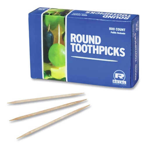 Straws/Stems/Sticks | AmerCareRoyal R820 2.5 in. Round Wood Toothpicks - Natural (96000 Toothpicks/Carton) image number 0
