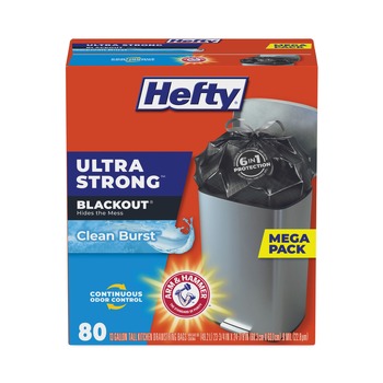 DRAWSTRING AND KITCHEN BAGS | Hefty E8-8353 Ultra Strong BlackOut 23.75 in. x 24.88 in. 13 gallon Tall-Kitchen Drawstring Bags - Black (240/Carton)