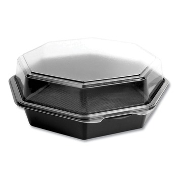 SOLO 864056-AP94 OctaView 9.57 in. x 9.2 in. x 3.2 in. 42 oz. Plastic Hinged-Lid Cold Food Containers - Black/Clear (100/Carton)