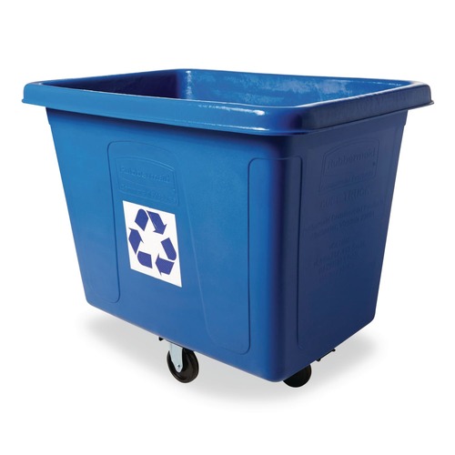 Tilt Trucks | Rubbermaid Commercial FG461673BLUE 500 lbs. Capacity 120 Gallon Polyethylene Recycling Cube Truck - Blue image number 0