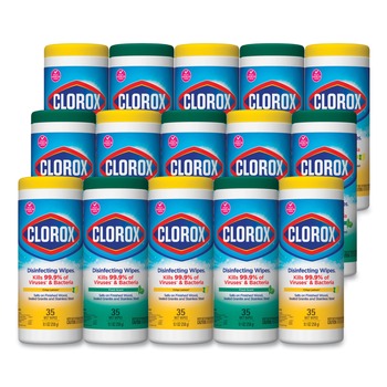 Clorox 30112 7 in. x 8 in. 1-Ply Disinfecting Wipes - Fresh Scent/Citrus Blend (35/Canister, 3/Pack, 5 Packs/Carton)
