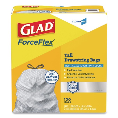 Drawstring & Kitchen Bags | Glad 70427 ForceFlex 13 Gallon 0.72 mil 23.75 in. x 24.88 in. Tall Kitchen Drawstring Trash Bags - Gray (100/Carton) image number 0