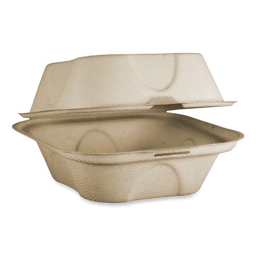 Food Containers & Lids | World Centric TO-SC-U15B-LFP 6.5 in. x 6 in. x 3.2 in. Paper Burger Box Fiber Hinged Containers - Natural (500/Carton) image number 0
