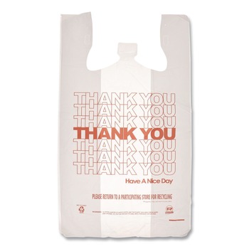 AmerCareRoyal RPTYB6 11.5 in. x 6.5 in. x 21 in. Thank You - Have a Nice Day Labeling Cut-Out Handles Thank You Bags - White/Red (1000/Carton)