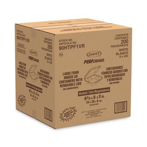 Food Containers & Lids | Dart 90HTPF1VR 9 in. x 9.4 in. x 3 in. Foam Hinged Vented Lid Container - White (200/Carton) image number 0