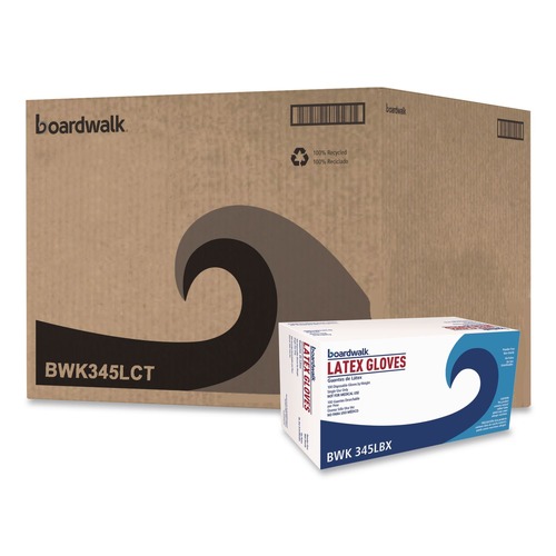 Food Service Disposable & Single Use Gloves | Boardwalk BWK345LCT 4.4 mil 9.5 in. Long Powder-Free General-Purpose Latex Gloves - Large, Natural (100/Box, 10 Boxes/Carton) image number 0