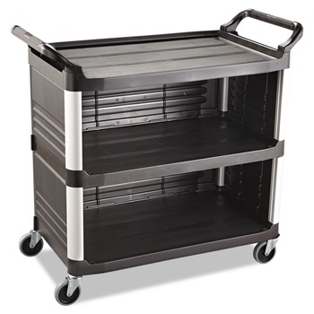 KITCHEN AND SERVICE CARTS | Rubbermaid Commercial FG409300BLA 40.63 in. x 20 in. x 37.81 in. 300 lbs. Capacity 3 Shelves Plastic Xtra Utility Cart with Enclosed Sides and Back - Black