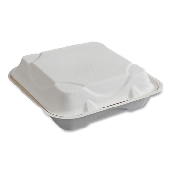 FOOD CONTAINERS AND LIDS | Eco-Products EP-HC91NFA Vanguard 9 in. x 9 in. x 3 in. 1-Compartment Renewable and Compostable Sugarcane Clamshells - White (200/Carton)
