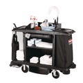 Perforated Roll & Hand Towels | Rubbermaid Commercial FG618900BLA 22 in. x 60 in. x 50 in. 2 Bins 3 Shelves Plastic Housekeeping Cart - Black image number 2