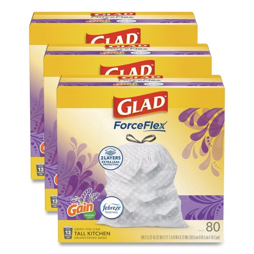 Drawstring & Kitchen Bags | Glad 78902 ForceFlex 24 in. x 27.38 in. 13 Gallon Kitchen Drawstring Trash Bags - Gain Lavender Scent/White (240/Carton) image number 0