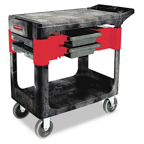 Carts | Rubbermaid Commercial FG618000BLA 19.25 in. x 38 in. x 33.38 in. 2 Shelves 2 Drawers 330 lb Capacity Plastic Two-Shelf Trades Cart - Black image number 0