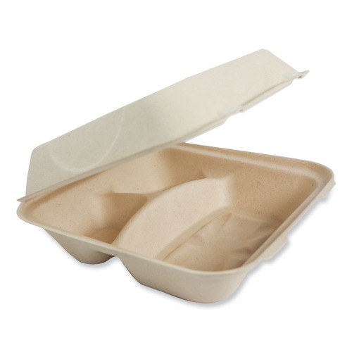 Food Containers & Lids | World Centric TO-SC-U9T-LFP 9.3 in. x 9 in. x 3.3 in. 3-Compartment Paper Fiber Hinged Containers - Natural (300/Carton) image number 0