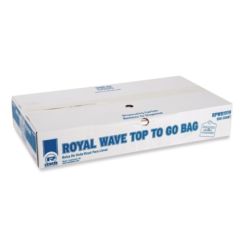 Specialty Bags | AmerCareRoyal RPWB1919 19 in. x 9.5 in. x 19 in. Take-Out Labeling Cut-Out Handles Wave Top To-Go Bags - White/Blue/Red (500/Carton) image number 0