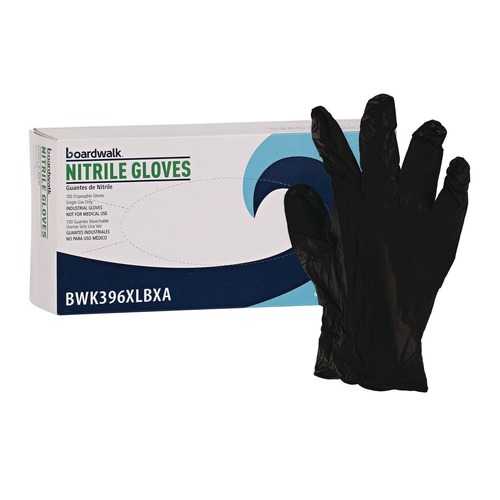 Food Service Disposable & Single Use Gloves | Boardwalk BWK396XLBX 4.4 mil Disposable Powder-Free General Purpose Nitrile Gloves - X-Large, Black (100/Box) image number 0