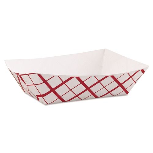 Food Trays & Liners | SCT SCH 0425 7.2 in. x 4.95 in. x 1.94 in. 3 lbs. Capacity Paper Food Baskets - Red/White (500/Carton) image number 0