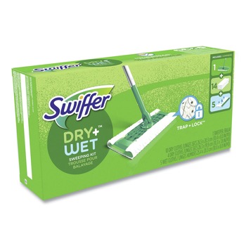 MOPS | Swiffer 49947 10 in. x 4.8 in. Cloth Head 46 in. Aluminum/Plastic Handle Sweeper Mop - White Head Silver/Green Handle